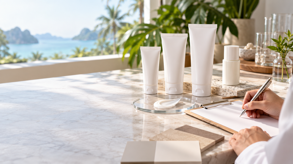 Unbranded sunscreen product samples prepared for an OEM development brief for Thailand beauty brands