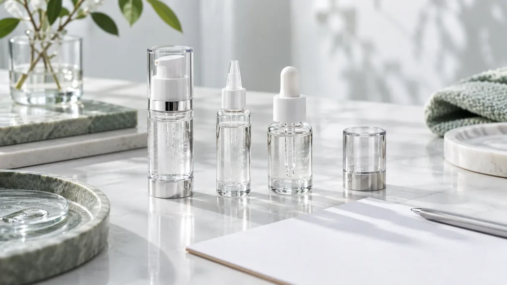 Unbranded eye serum sample bottles and packaging components for OEM sample review